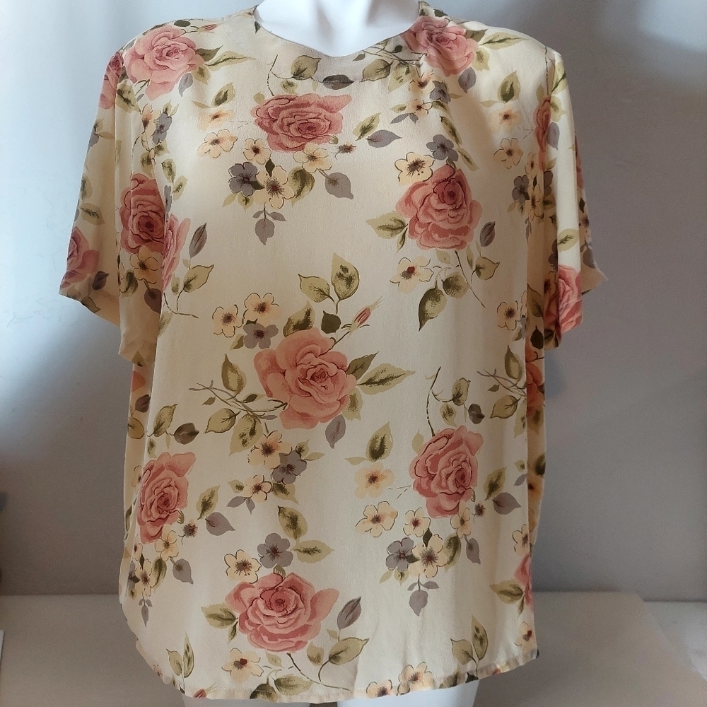 Anna and‎ Frank Cream Rose Silk Top Size XL Vintage Floral Delicate Lightweight